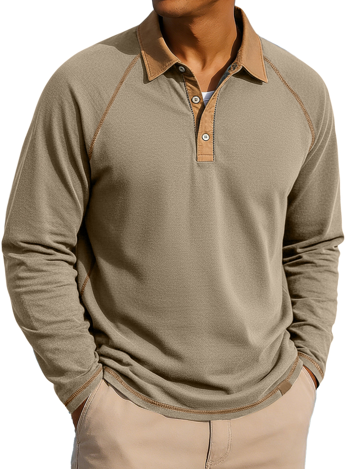 Herren Revers Knopf-auf Farbblock Raglan Ärmel Freizeit Langarm Polohemd-deurabatt