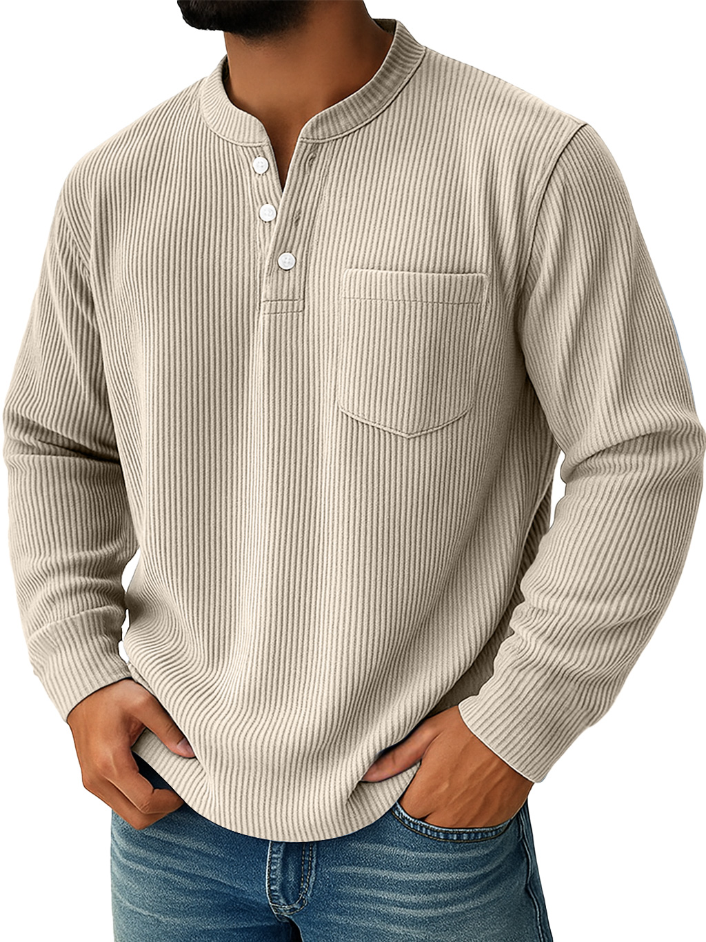 Herren Einfaches Alltags-Ripp-Stehkragen-Taschen-Lässiges Langarm-Henley-Shirt-deurabatt