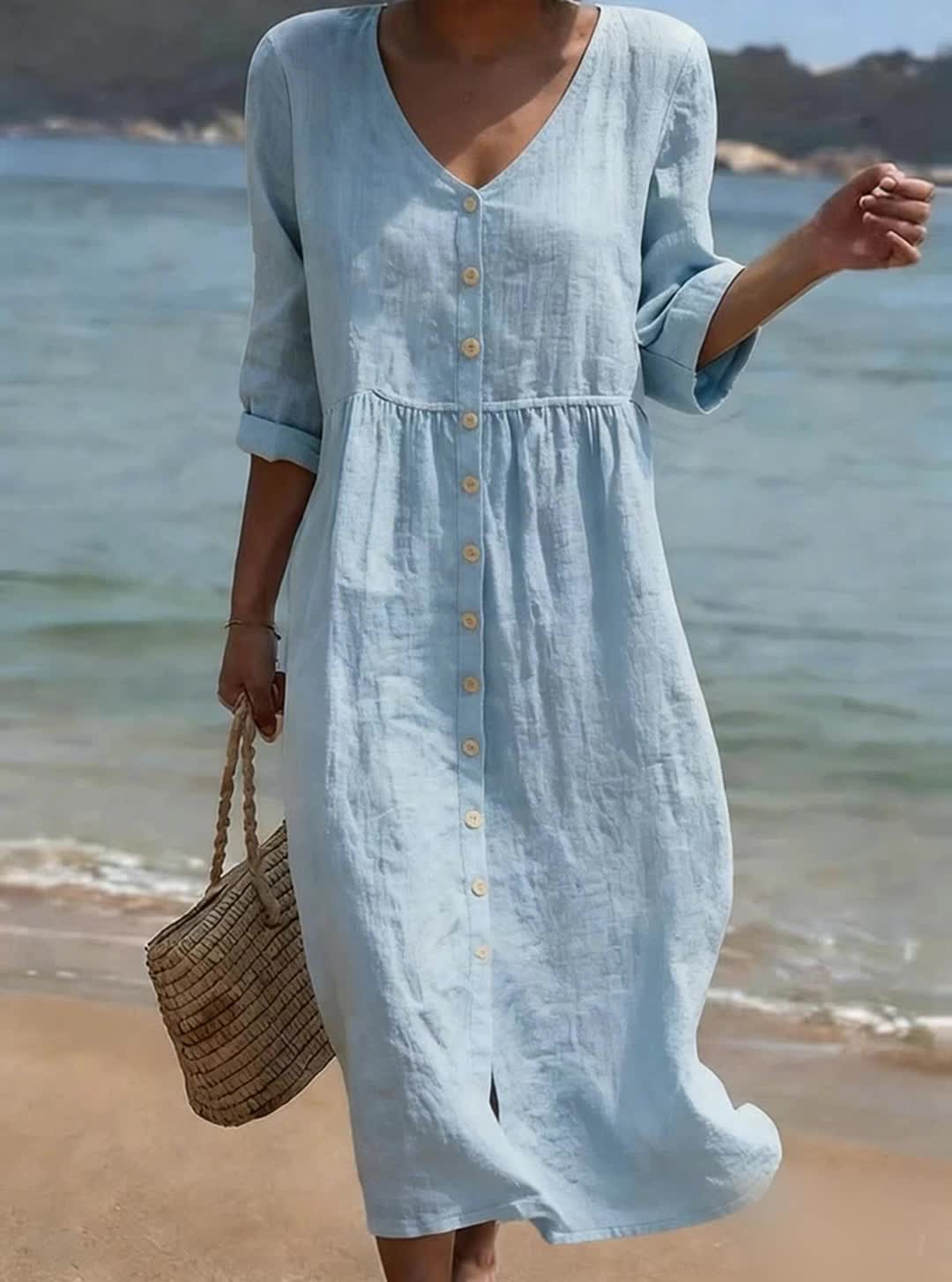 Damen-Freizeitkleid aus Baumwoll-Leinen-Mischgewebe, einfarbig