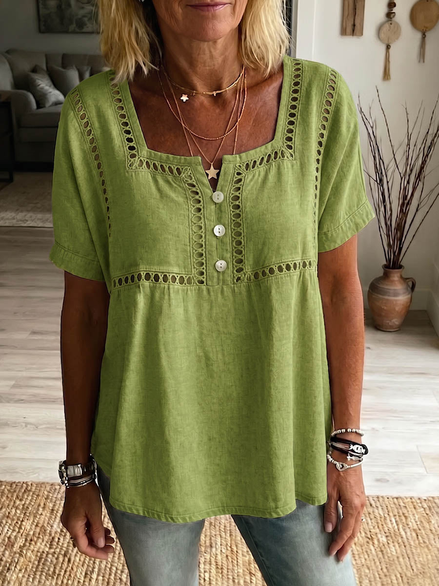 New Arrivals🔥 Women's Solid-color Square-neck Short-sleeve Casual Loose Cotton-linen Top