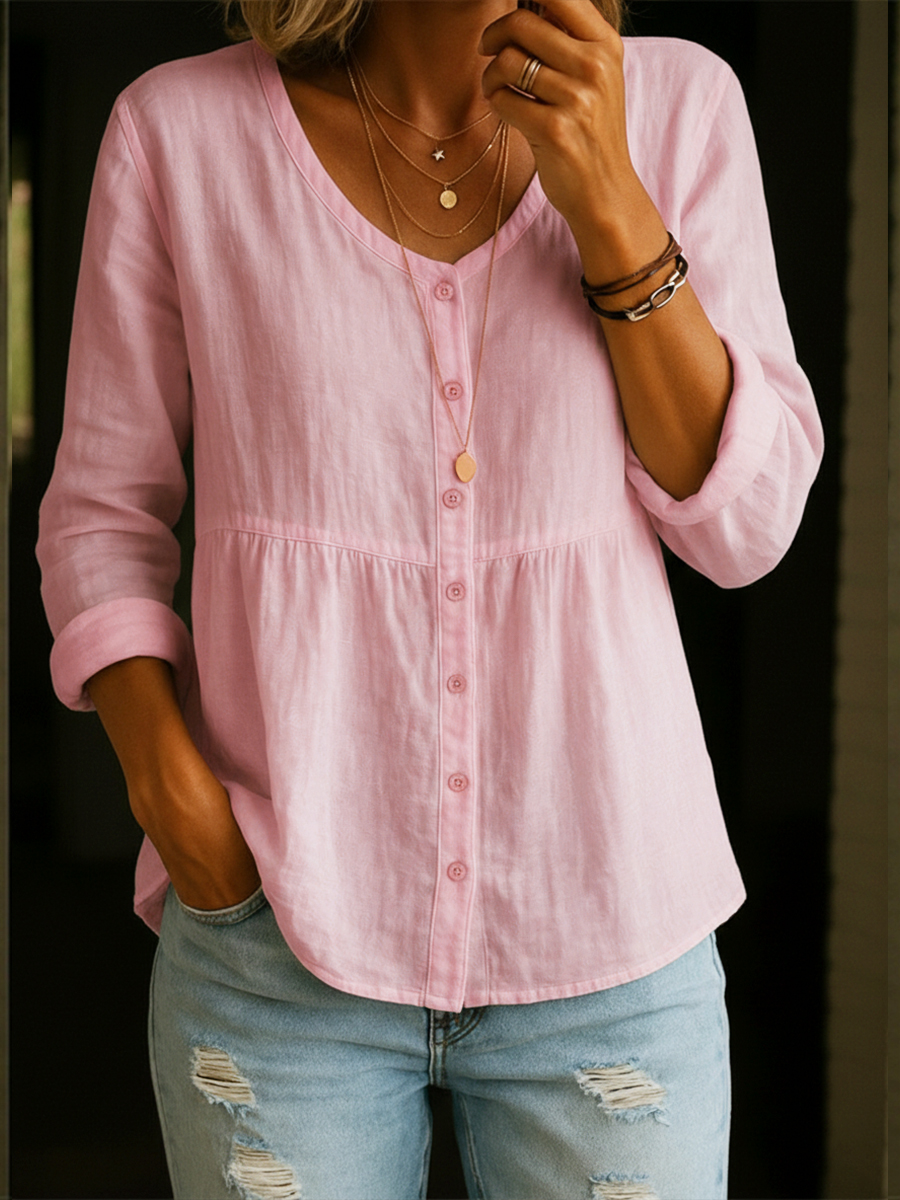 Women's Retro Flower Art Print Linen Cotton Shirt-ZierMode