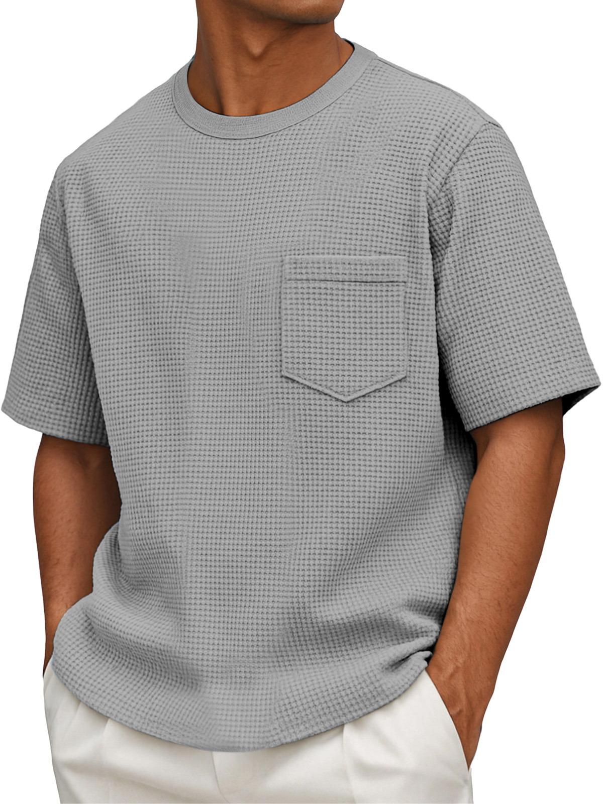 Herren Freizeit Einfach Waffel Kurzarm Rundhals T-Shirt-deurabatt
