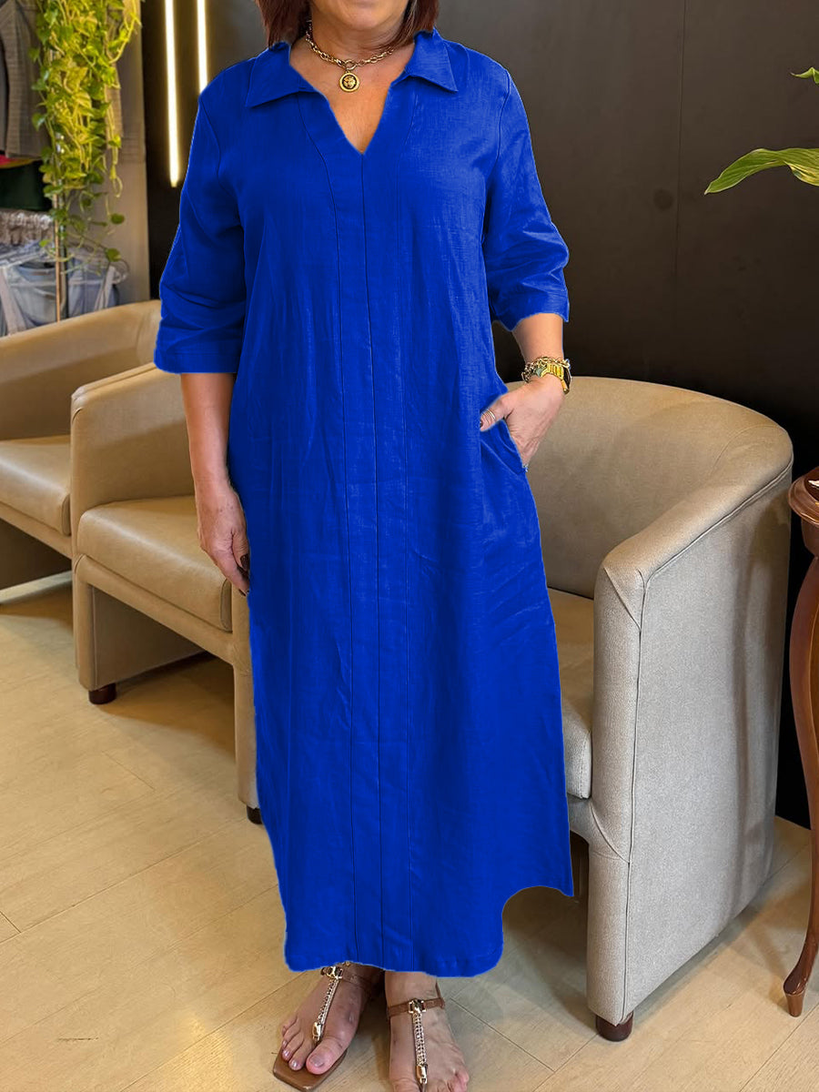 Damenkleid aus Baumwolle und Leinen mit V-Ausschnitt und langen Ärmeln