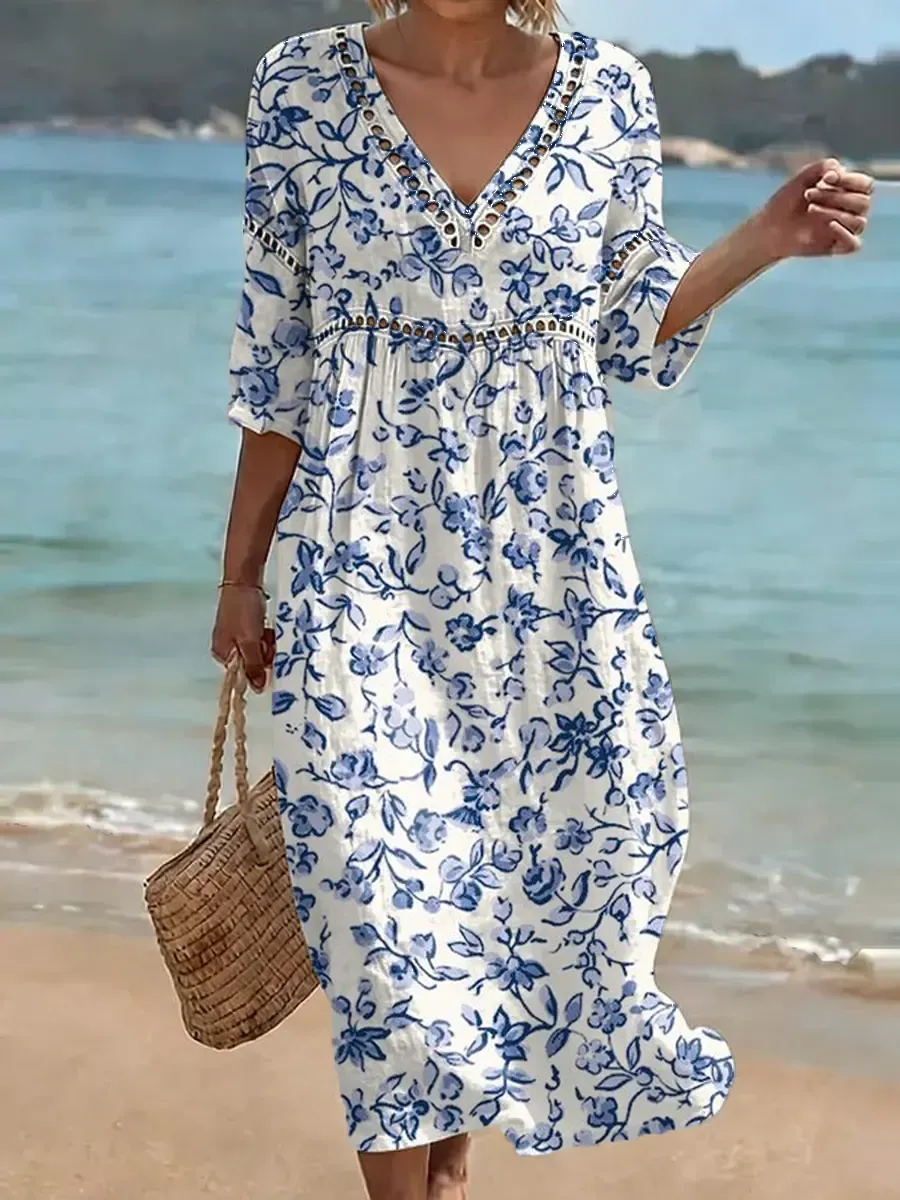Damen-Baumwollkleid, einfarbig, Retro-Stil, lässig, elegant, für den Urlaub