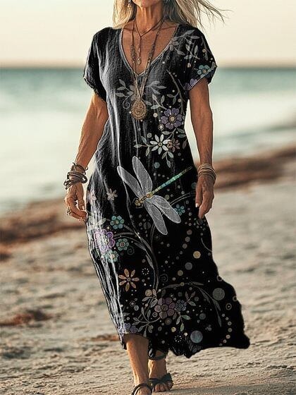 Women's Short Sleeve Spring Floral Print V Neck Casual Dress