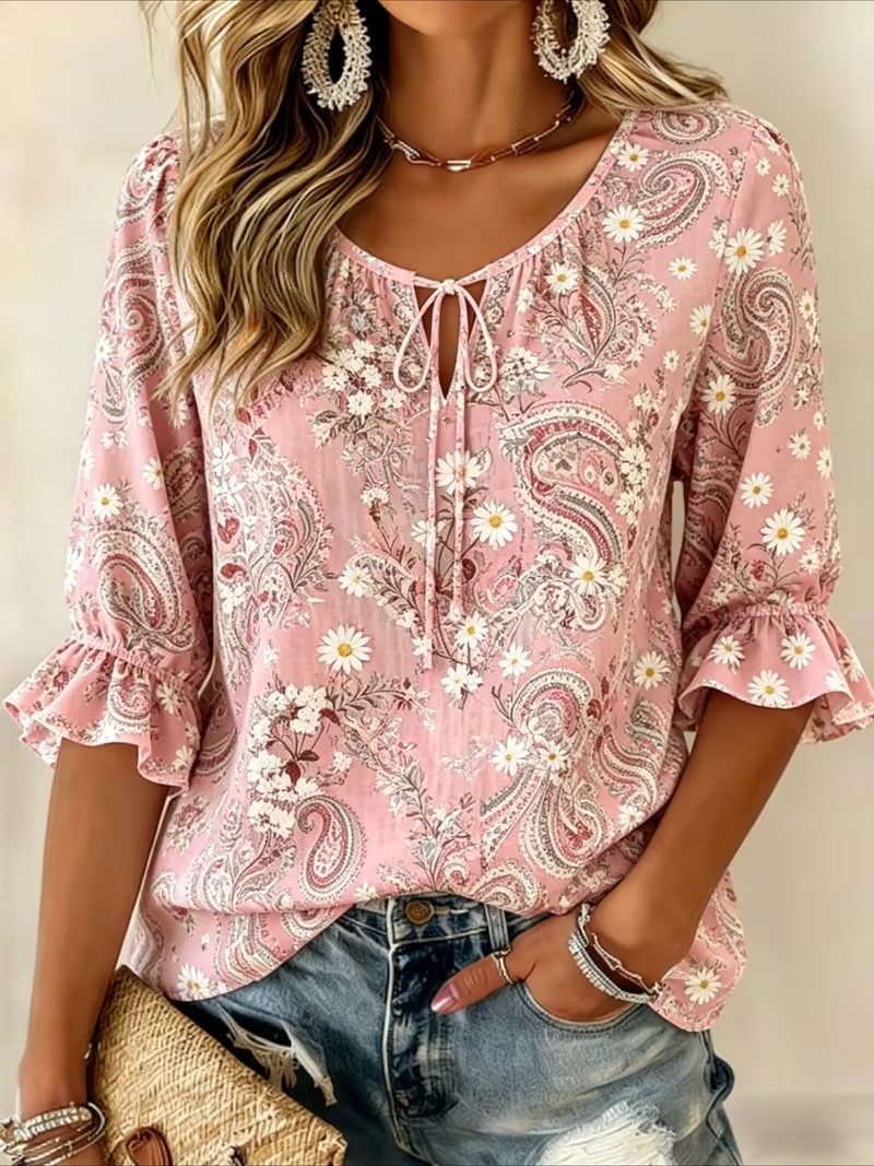 Women's Seven Quarter Sleeve Ruffle Lace Up Shirt