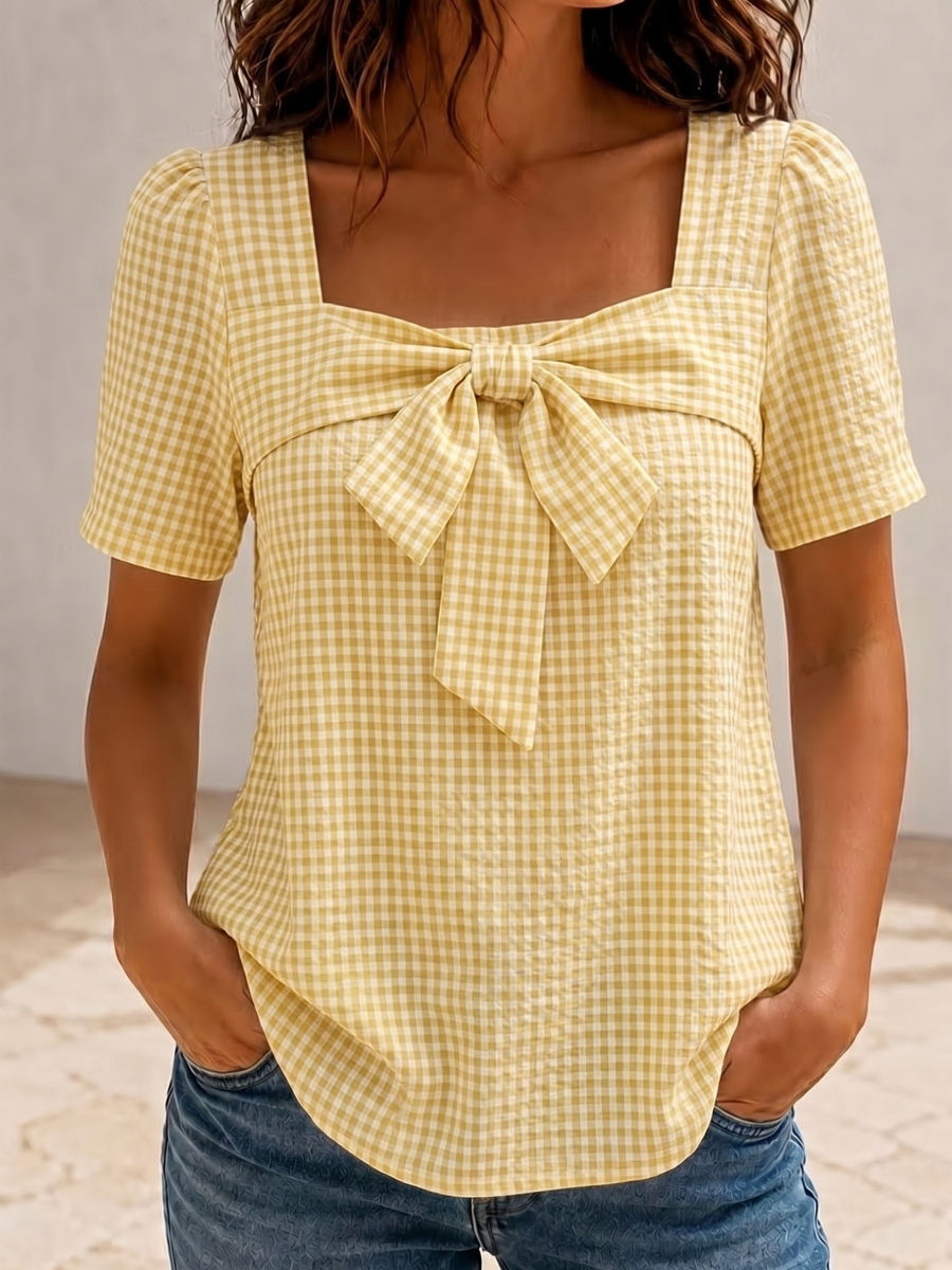 NEW ARRIVALS🔥  Women's Square Neck Gingham Bow Shirt - Puff Sleeve Casual Blouse