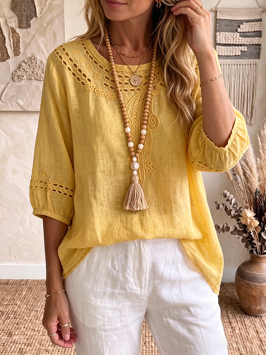 Vintage Embroidered Cotton-linen Blouse