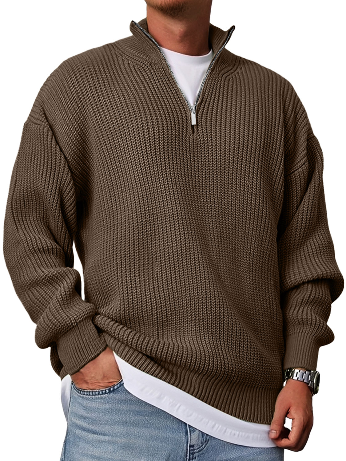 Herren Freizeitmode Lockere Stehkragen Reißverschluss Einfarbiger Pullover-deurabatt