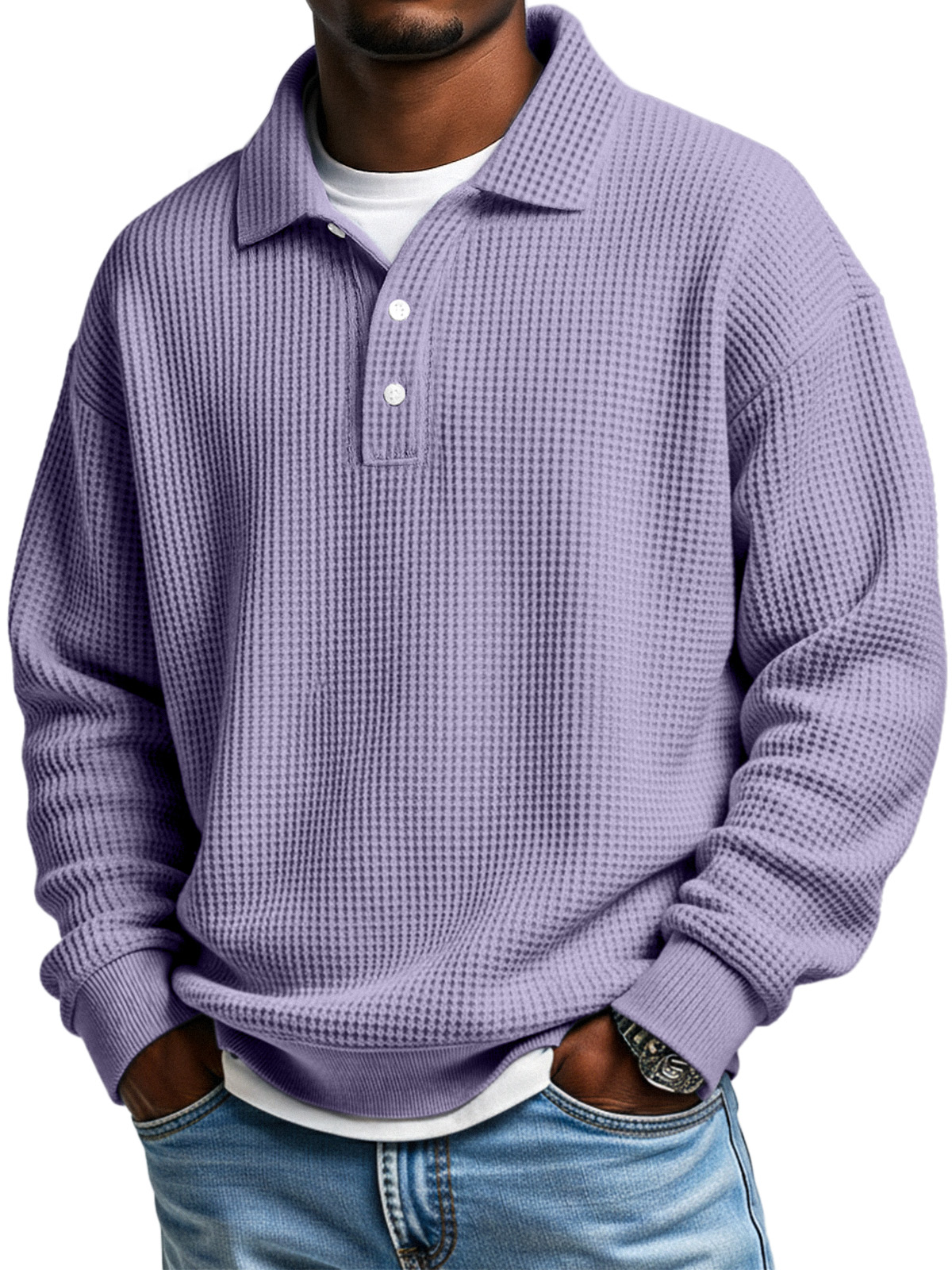Herren Daily Loose Simple Waffle Revers Knopf Langarm POLO Hemd-deurabatt