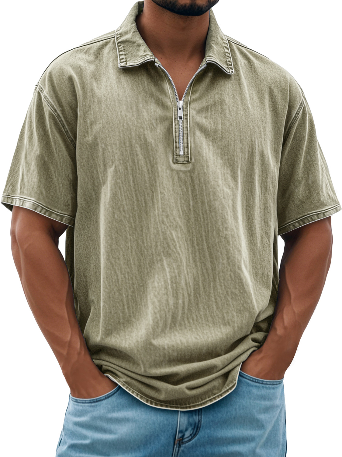Herren Retro Daily Revers Reißverschluss Freizeit Kurzarm POLO Shirt-deurabatt