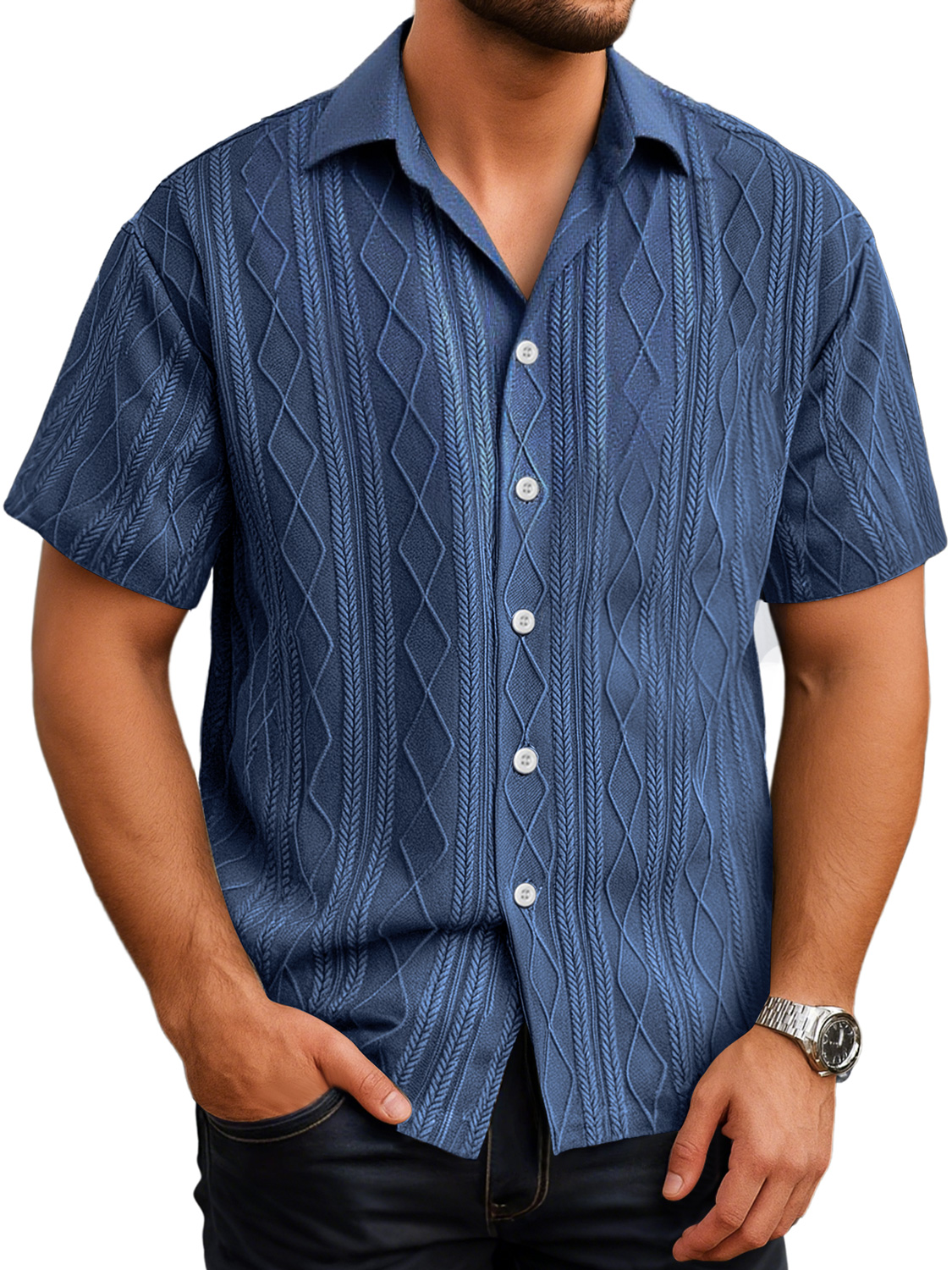Herren Daily Texture Casual Revers Einfarbig Kurzarmhemd-deurabatt