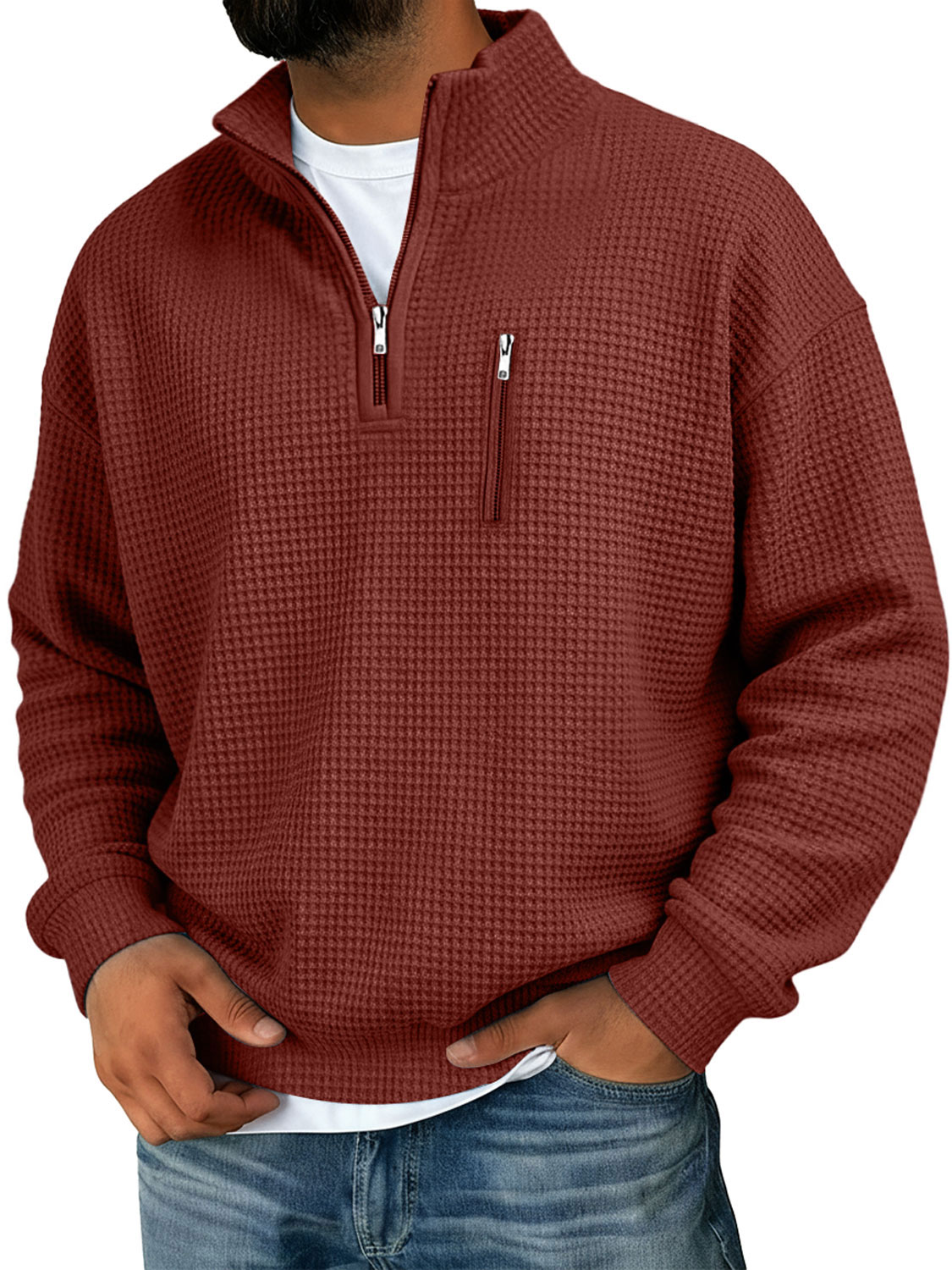 Herren Waffel Stehkragen Reißverschluss Freizeit Einfarbiger Sweatshirt-deurabatt