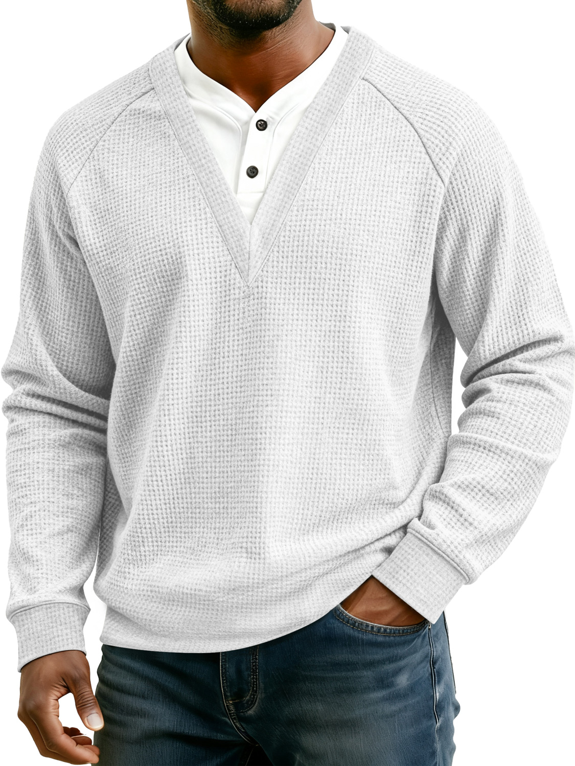 Herren Einfaches Waffel V-Ausschnitt Fake Zweiteiliges Lässiges Langarm-T-Shirt-deurabatt
