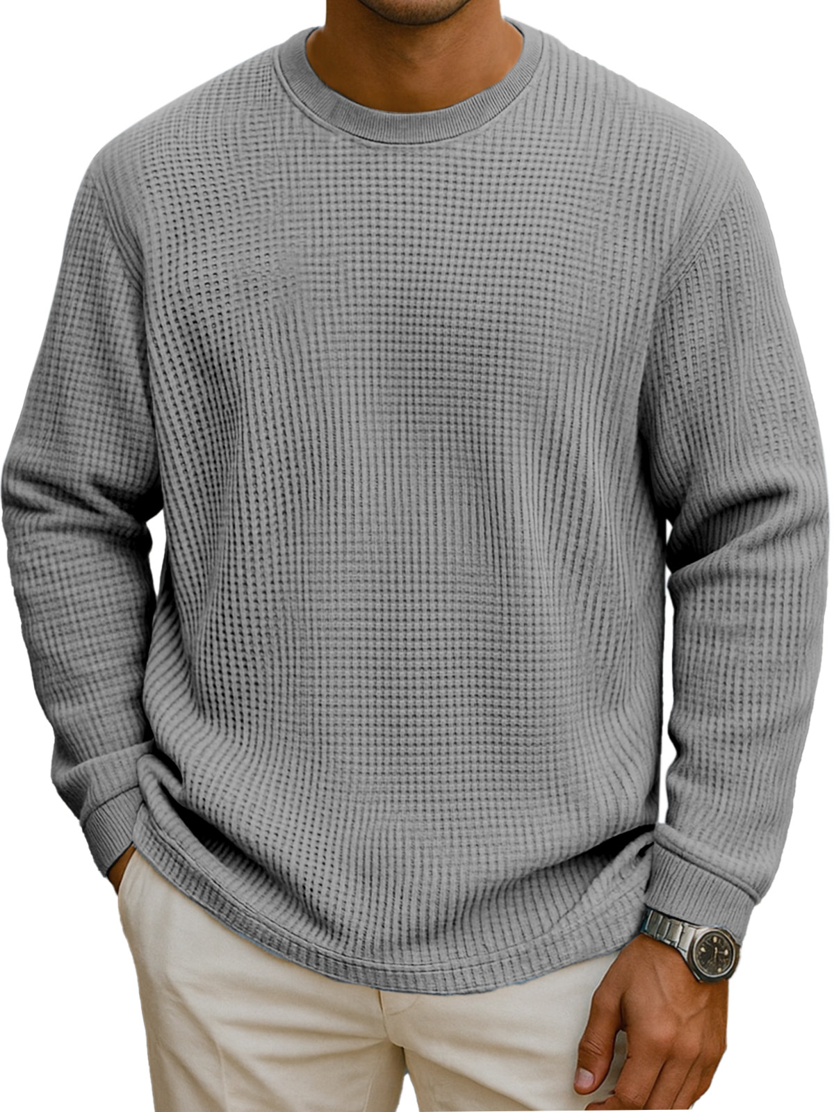 Herren Einfaches Alltags T-Shirt mit Waffelstruktur und Rundhalsausschnitt in einfarbig, Langarm-ZierMode