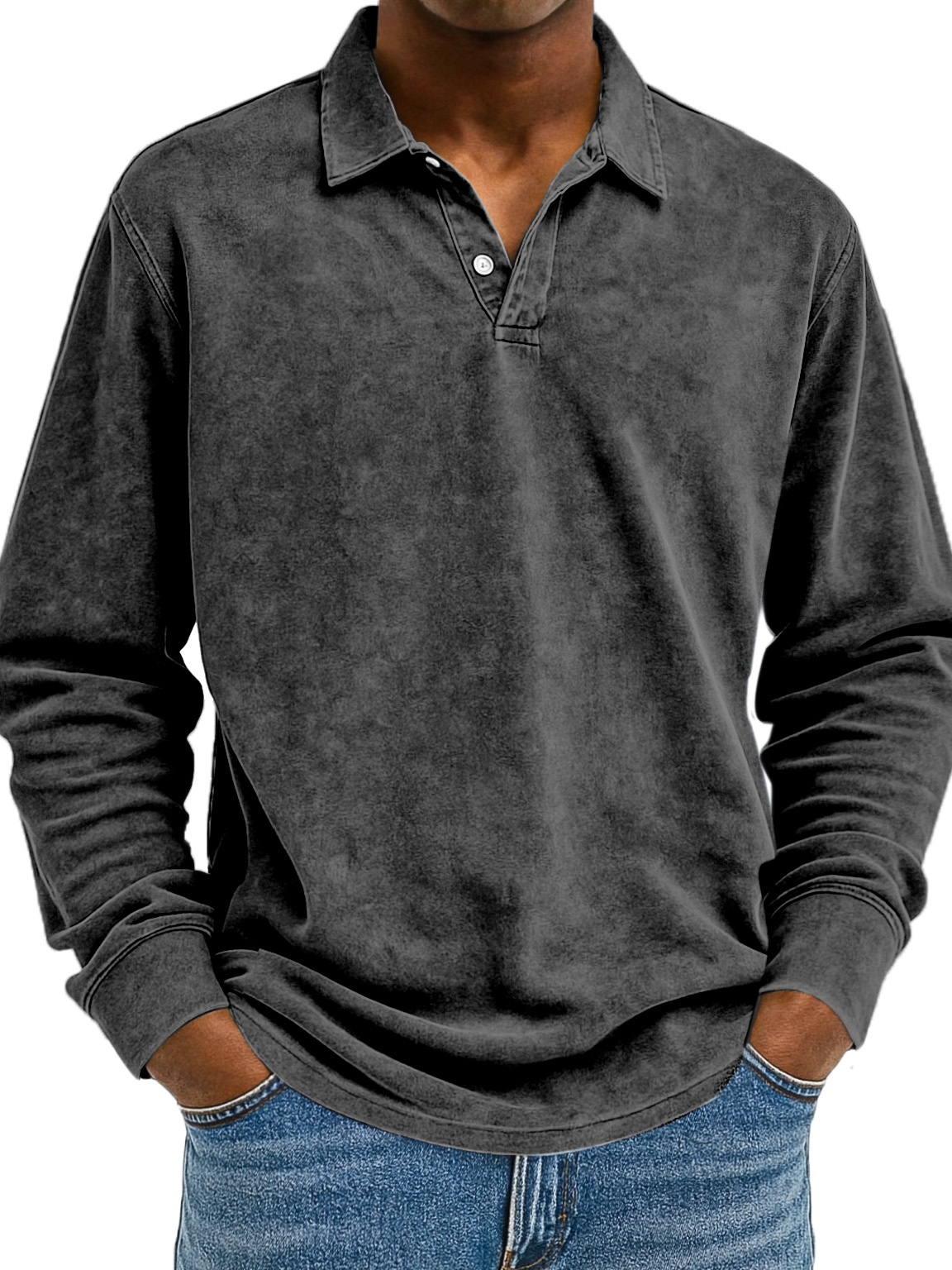 Herren Retro Einfarbig Bequem Locker Langarm Polohemd-deurabatt