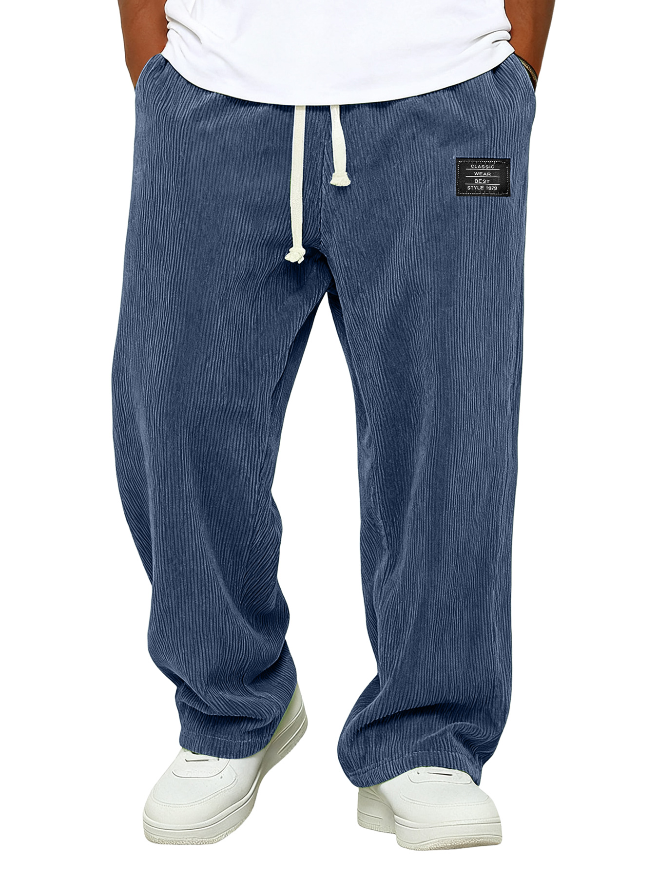 Einfache Corduroy Bestickte Logo Locker sitzende Hose mit elastischem Bund-deurabatt