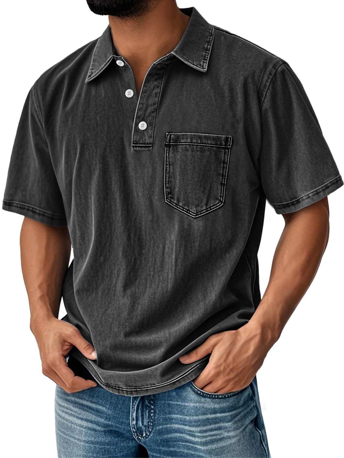 Herren Retro Alltag Kragen Tasche Casual Kurzarm POLO Hemd-deurabatt