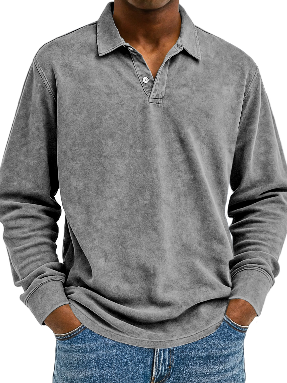Herren Retro Einfarbig Bequem Locker Langarm Polohemd-deurabatt