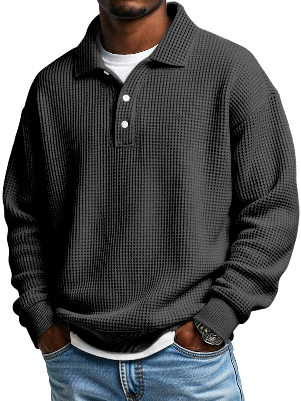 Herren Daily Loose Simple Waffle Revers Knopf Langarm POLO Hemd-deurabatt