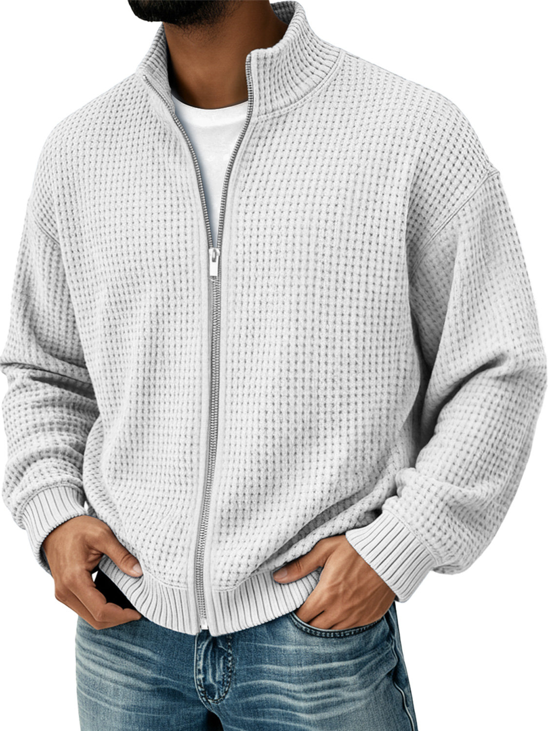 Herren Einfacher Stehkragen Waffel Freizeit Zip-Up Jacke-deurabatt