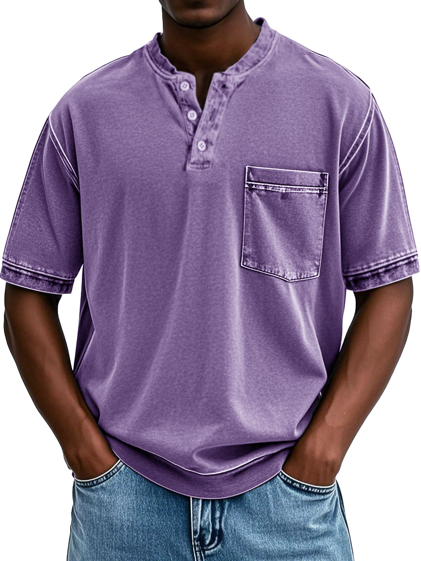 Herrenmode Retro Rundhals Tasche Kurzarm Henley Shirt-deurabatt