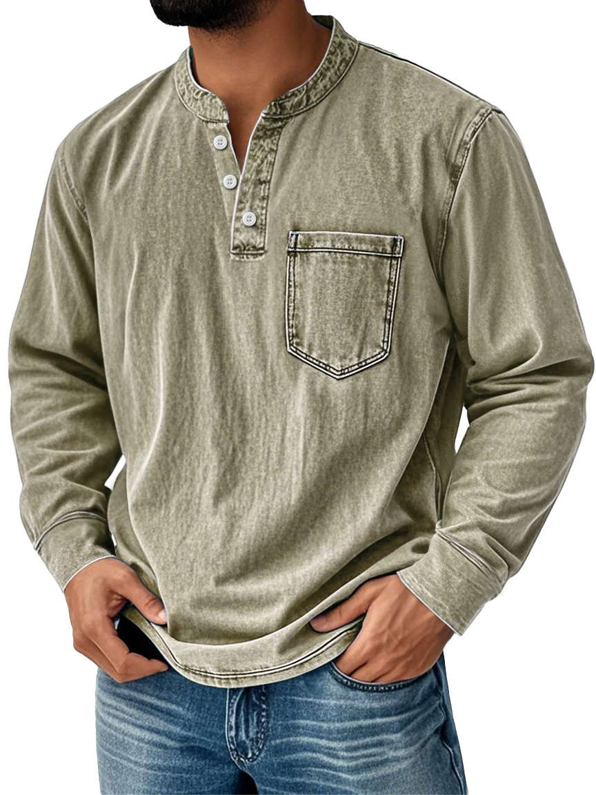 Herren Retro Stehkragen Taschen Freizeit Abgenutzte Langarm Henley Shirt-deurabatt
