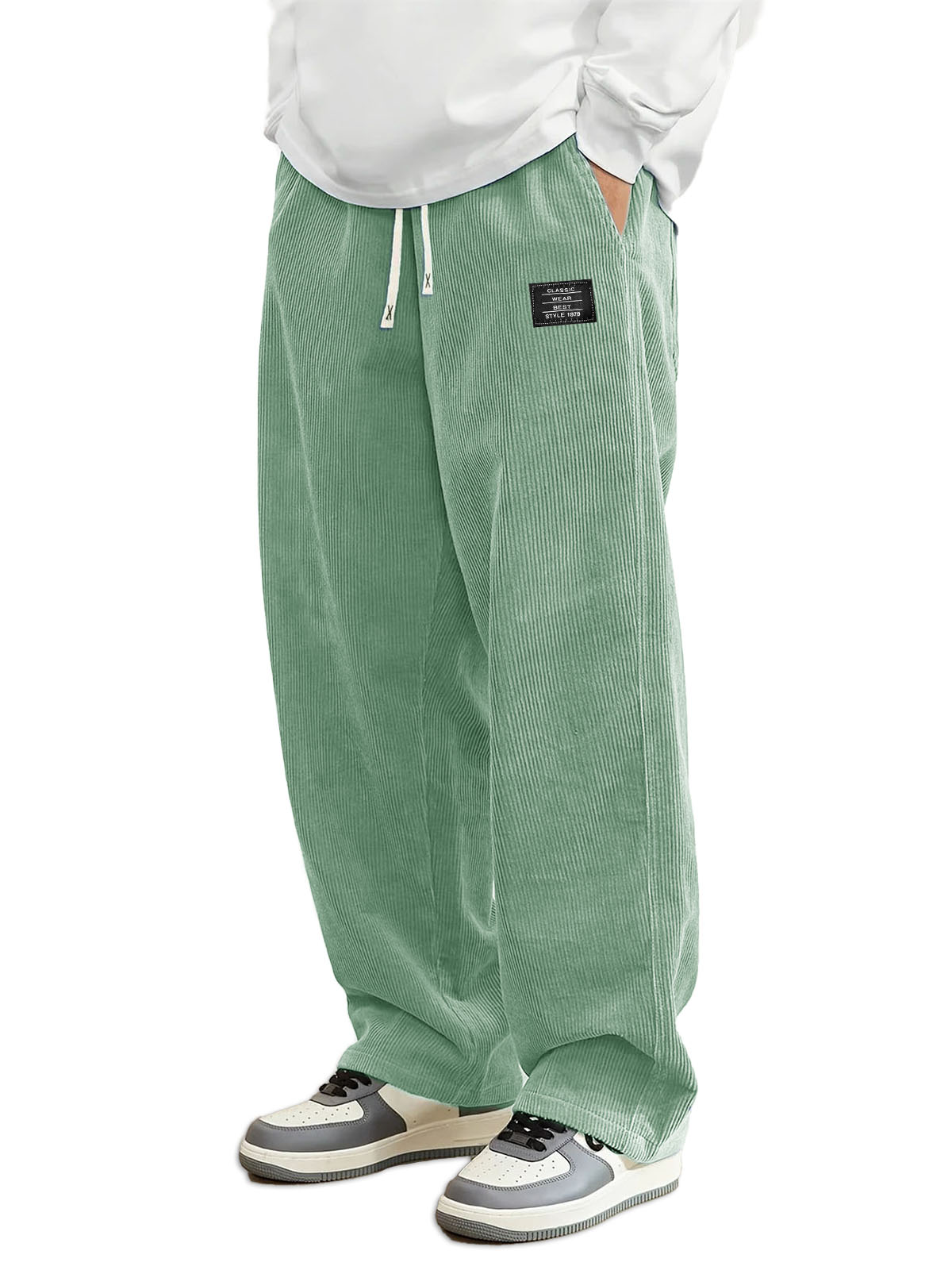 Herren Daily Casual Pit Streifen Corduroy Stoff Stickerei Logo Tether Lockere Elastische Taille Taschenhose-ZierMode