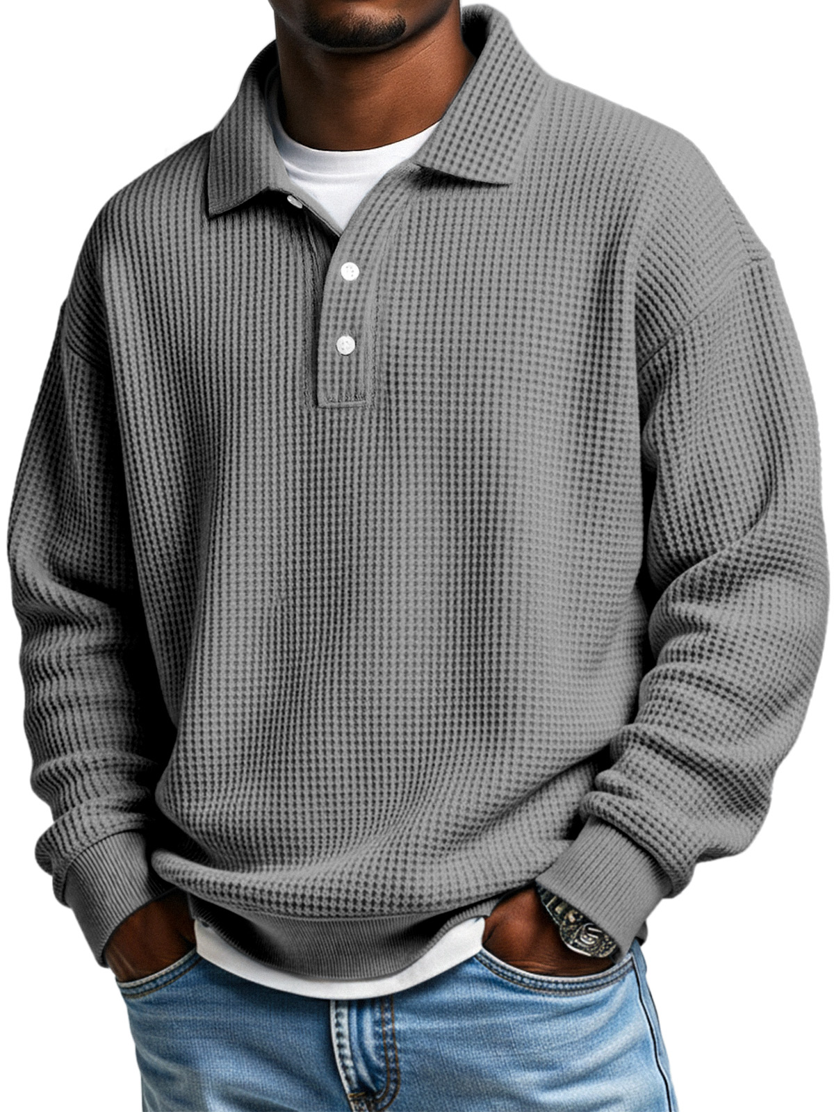 Herren Daily Loose Simple Waffle Revers Knopf Langarm POLO Hemd-deurabatt