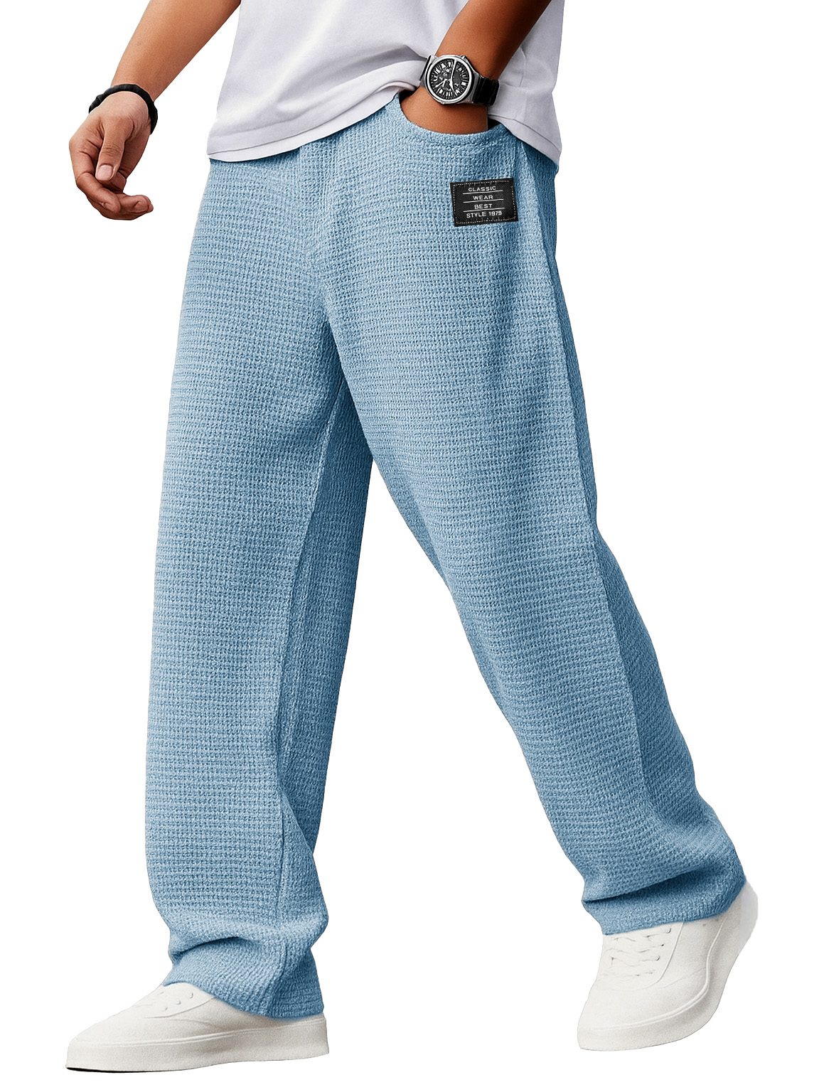 Herren Stylische Alltags-Waffelstoff-Hosen mit lockerer Passform, Kordelzugbund und gesticktem Logo-ZierMode