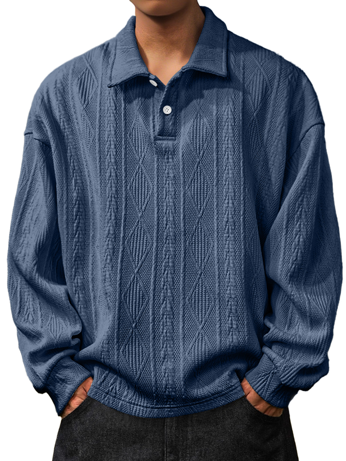Herren Daily Jacquard Struktur Revers Knopf Langarm Polohemd-deurabatt