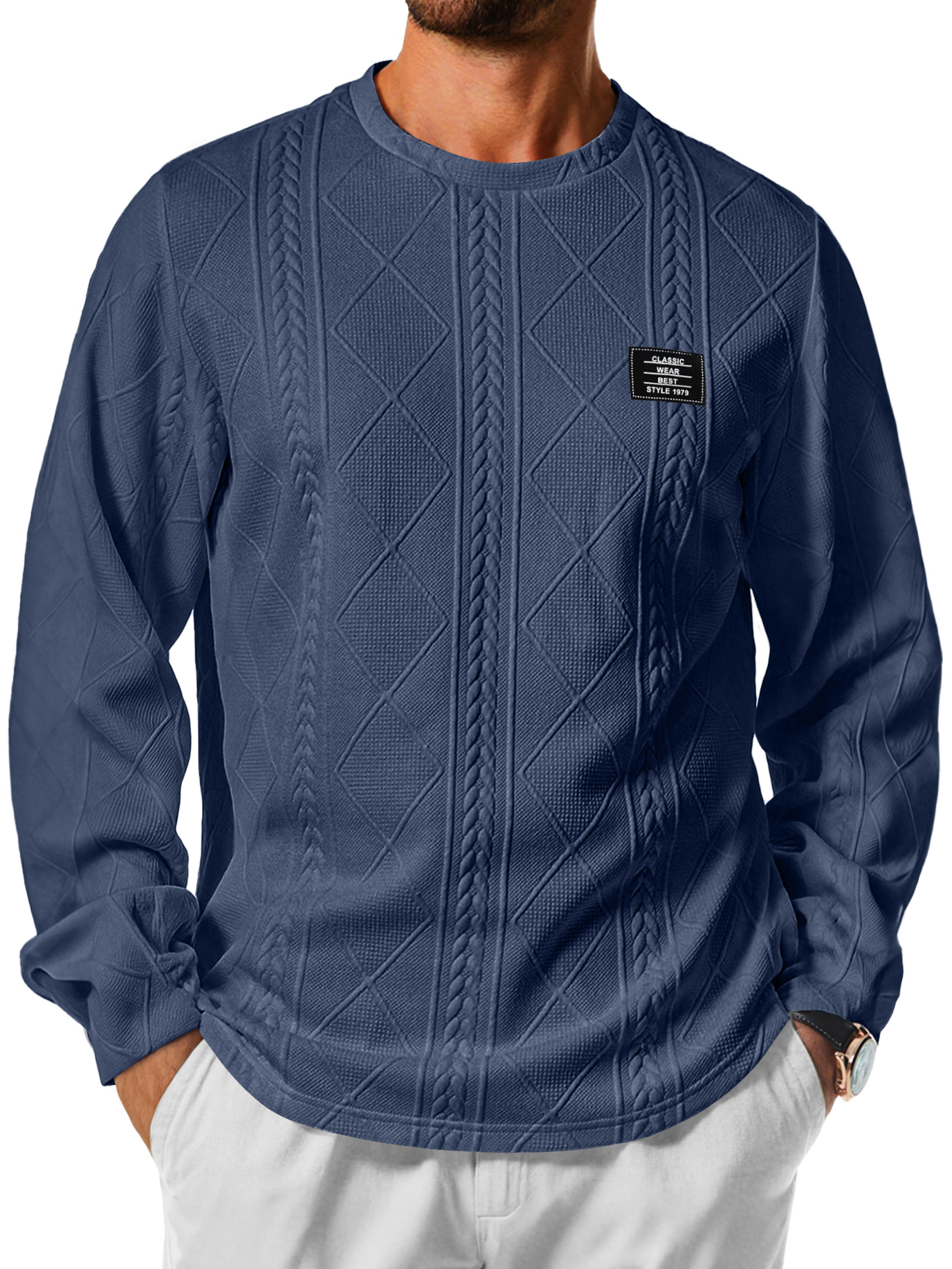 Herren Daily Rundhals Jacquard-Textur Besticktes Logo Lässiges Langarm-T-Shirt-deurabatt