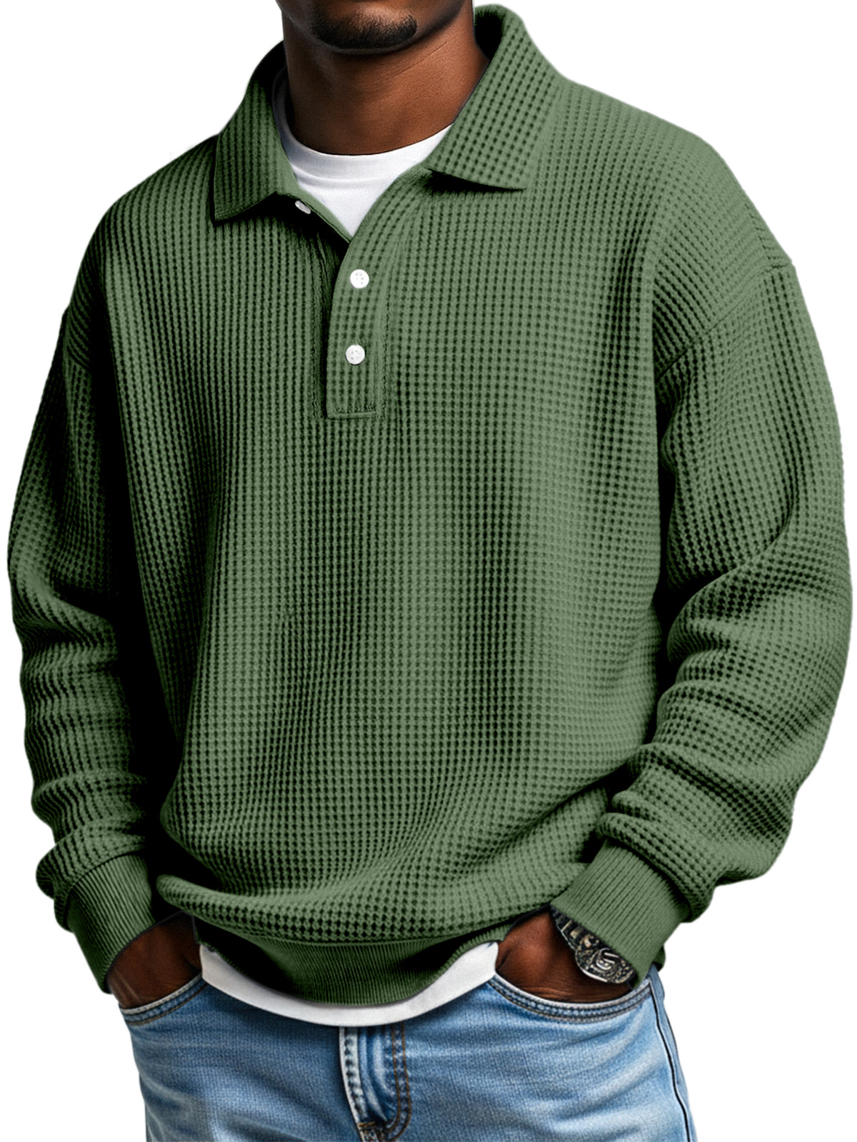 Herren Daily Loose Simple Waffle Revers Knopf Langarm POLO Hemd-deurabatt