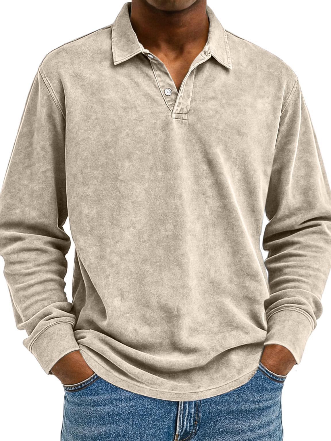 Herren Retro Einfarbig Bequem Locker Langarm Polohemd-deurabatt