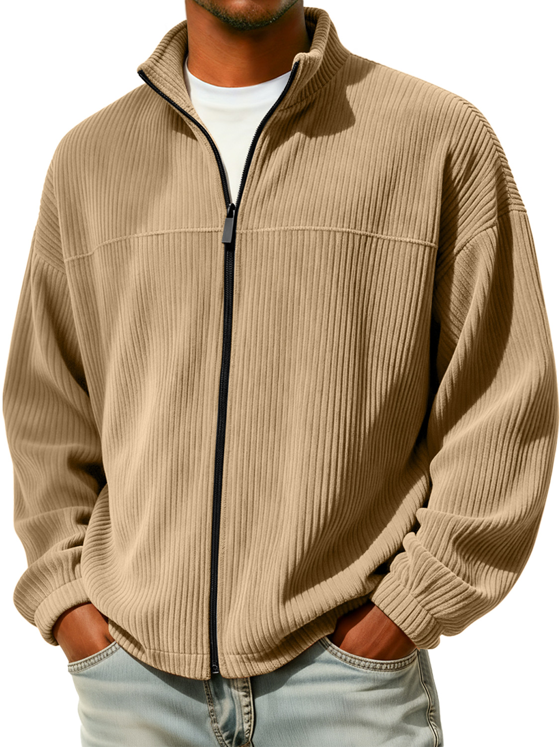 Herren einfache Stehkragen Reißverschluss Cord-Jacke casual-deurabatt