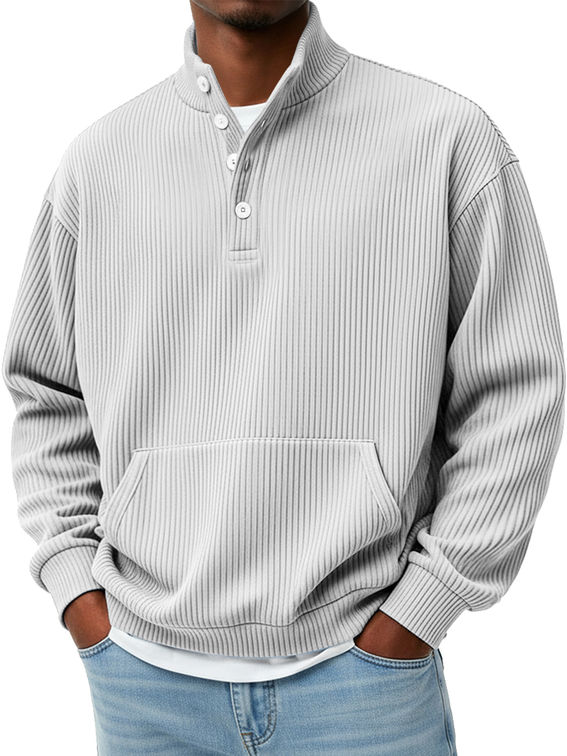 Herren Einfaches Rippkragen Knopf Freizeit Lockeres Sweatshirt-deurabatt