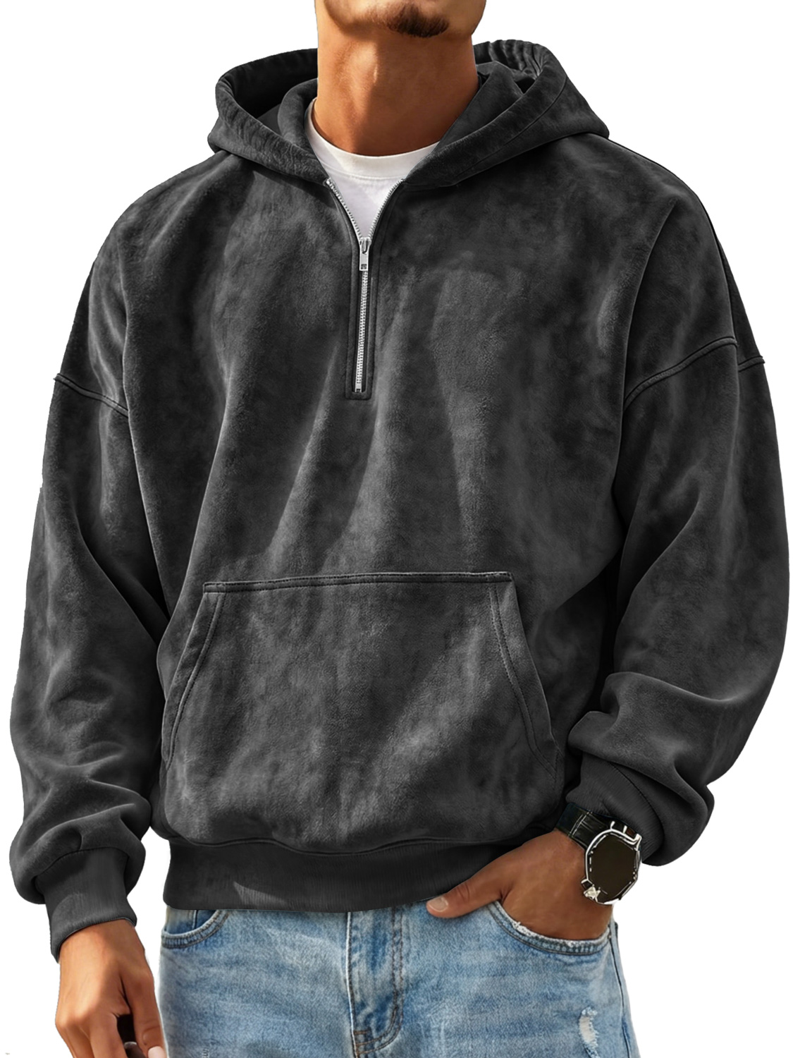 Retro-Freizeit-Kapuzenpullover aus Wildleder für Herren mit Reißverschluss-deurabatt