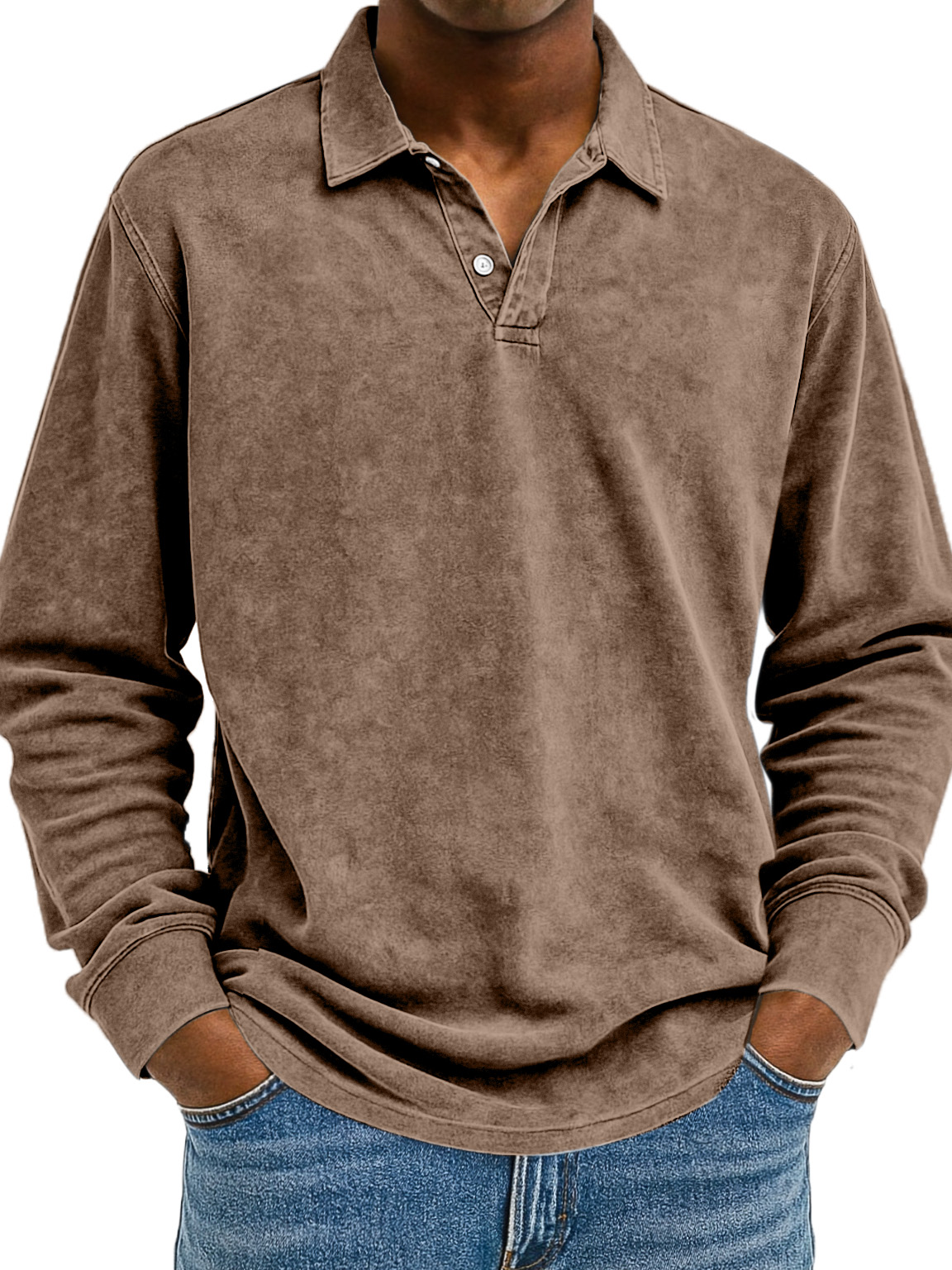 Herren Retro Einfarbig Bequem Locker Langarm Polohemd-deurabatt