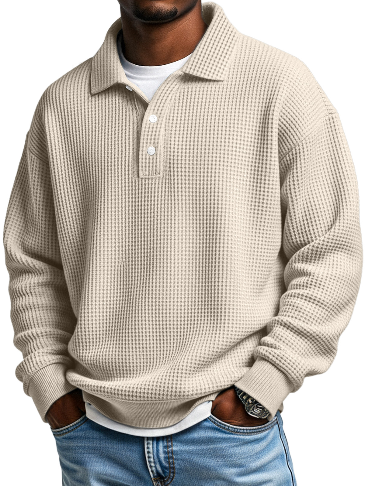 Herren Daily Loose Simple Waffle Revers Knopf Langarm POLO Hemd-deurabatt