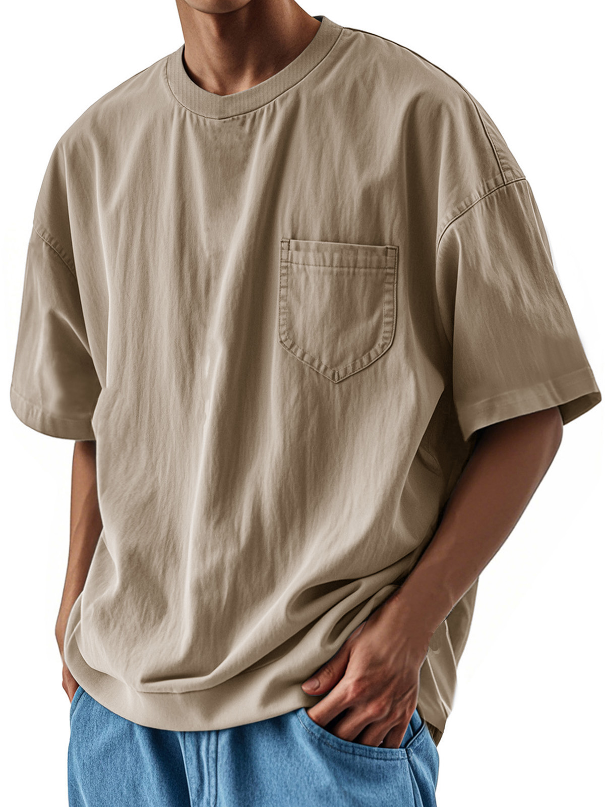 Herrenmode Lässiges Retro-Shirt Rundhals Tasche Kurzarm T-deurabatt