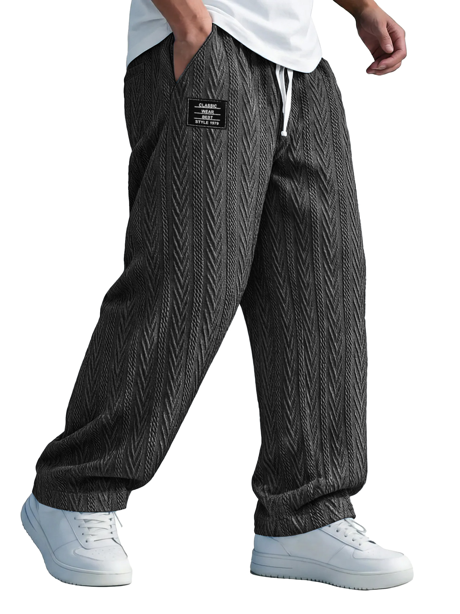 Herren einfarbige Jacquard-Textur Freizeit-Hosen mit elastischem Bund und gesticktem Logo.-deurabatt