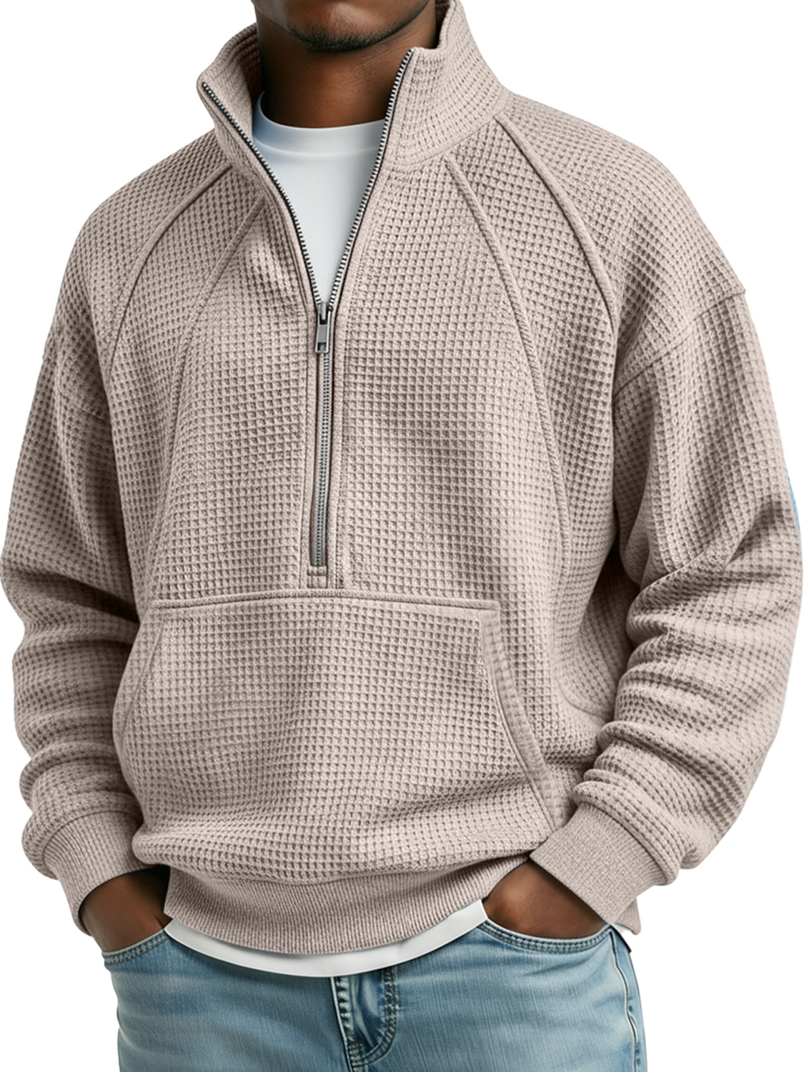 Herren Waffel Stehkragen Reißverschluss Raglan Freizeit Tasche Sweatshirt-deurabatt