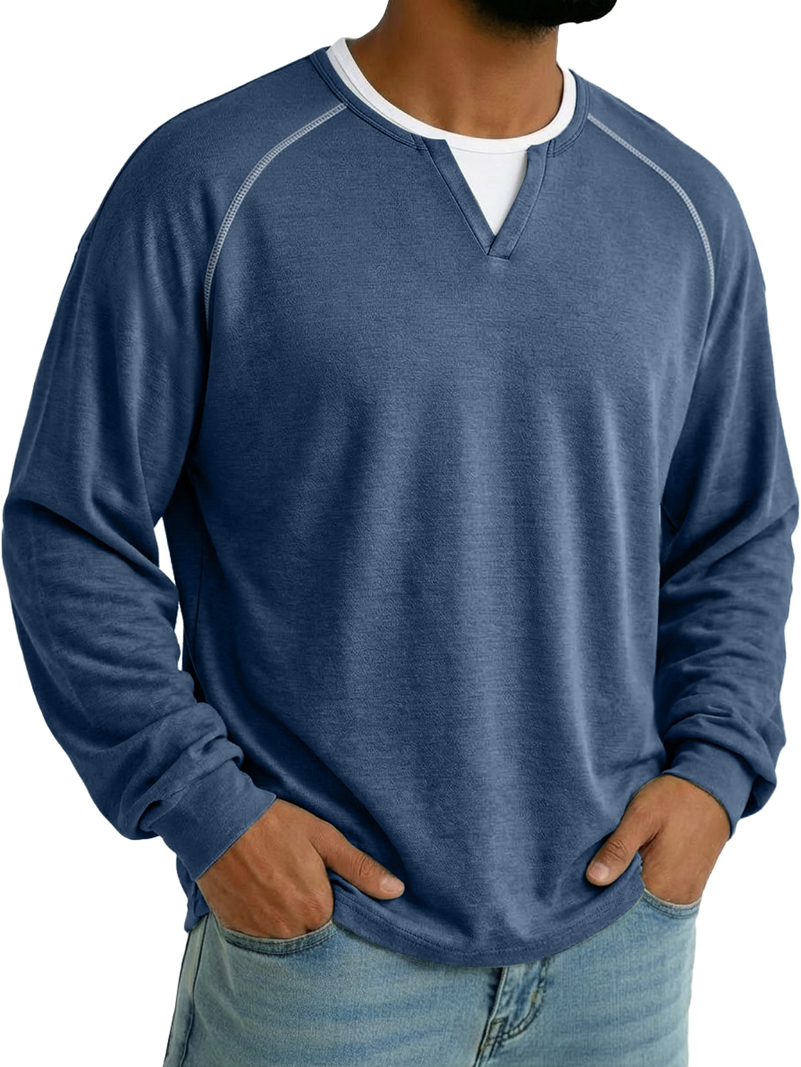 Herren Faux Zweiteilig Doppel-Lagen Kragen Raglan Ärmel Lässiges Langarm T-Shirt-deurabatt
