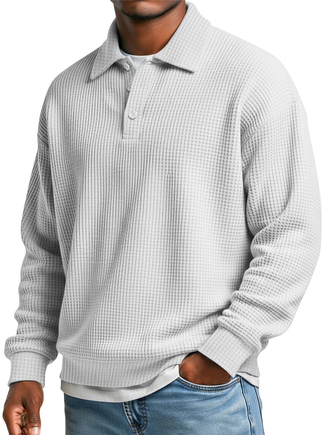 Herren Waffel Einfach Revers Knopf Lässig Locker Polo-Shirt-deurabatt