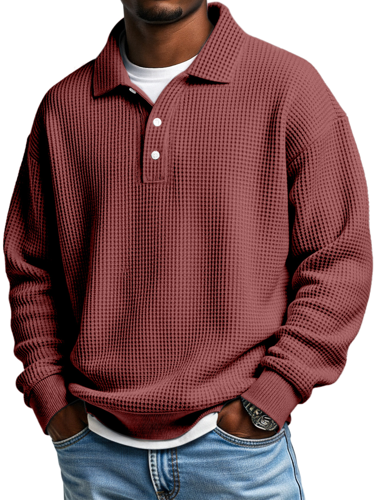 Herren Daily Loose Simple Waffle Revers Knopf Langarm POLO Hemd-deurabatt