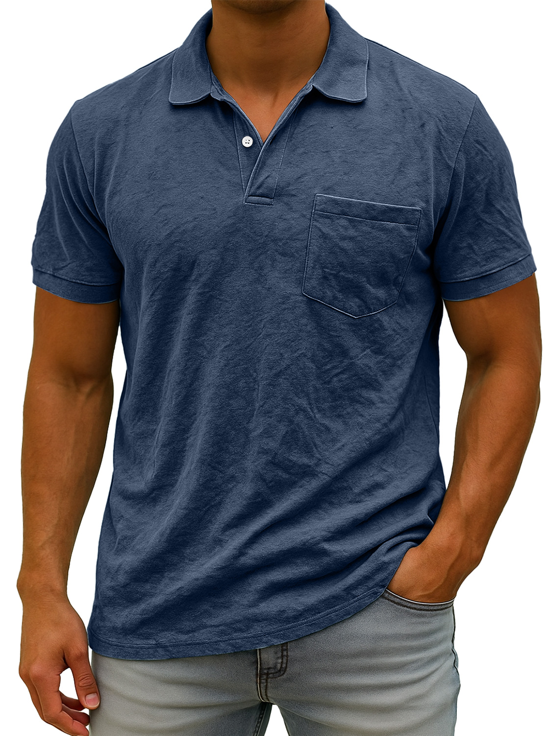 Herren Daily Wildleder Freizeit Revers Tasche Komfort Kurzarm POLO Hemd-deurabatt