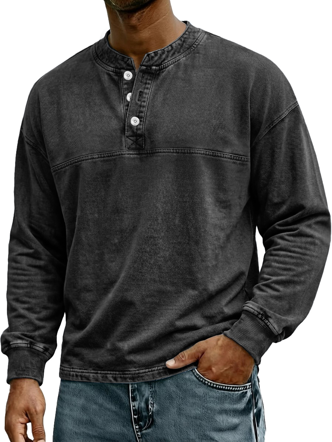 Herren Retro-Stil Stehkragen Knopf Freizeit Langarm Henley Hemd-deurabatt