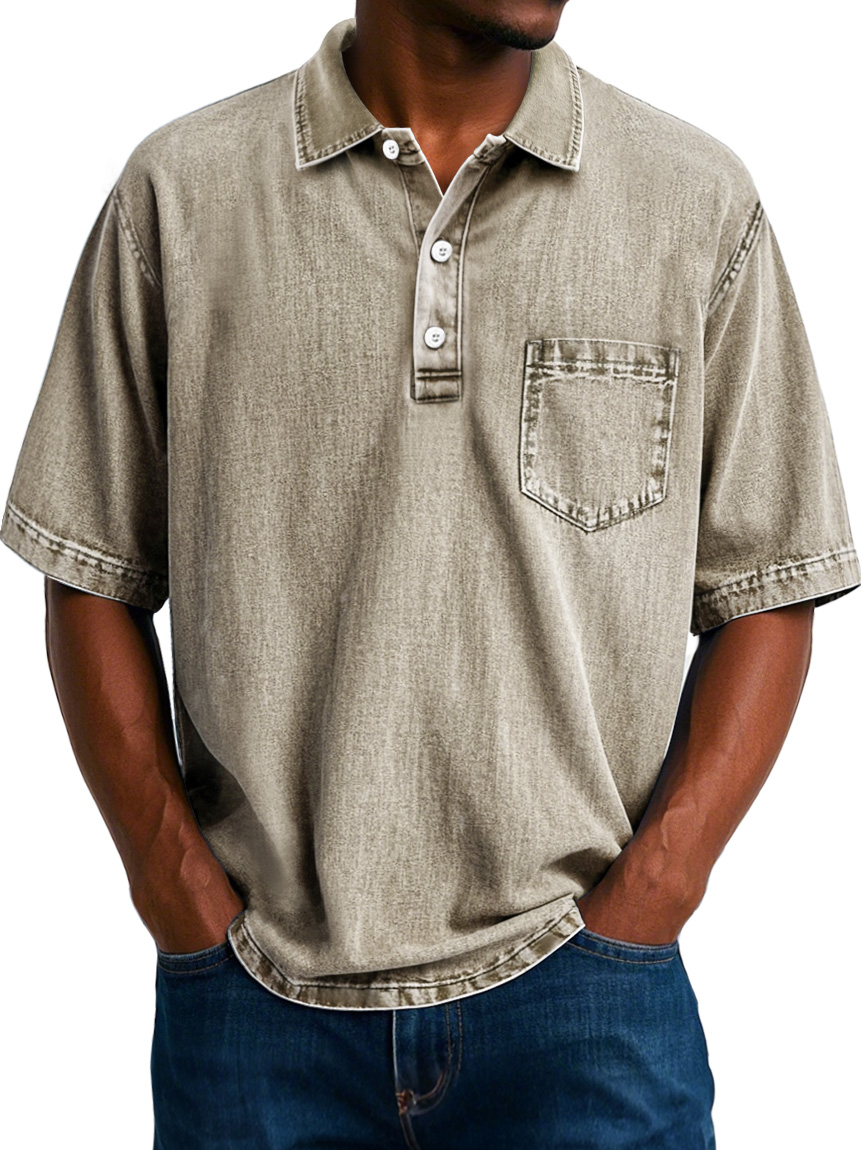 Herren Vintage 100% Baumwolle gewaschenen abgenutzten Revers Tasche lässigen Kurzarm POLO Hemd-ZierMode