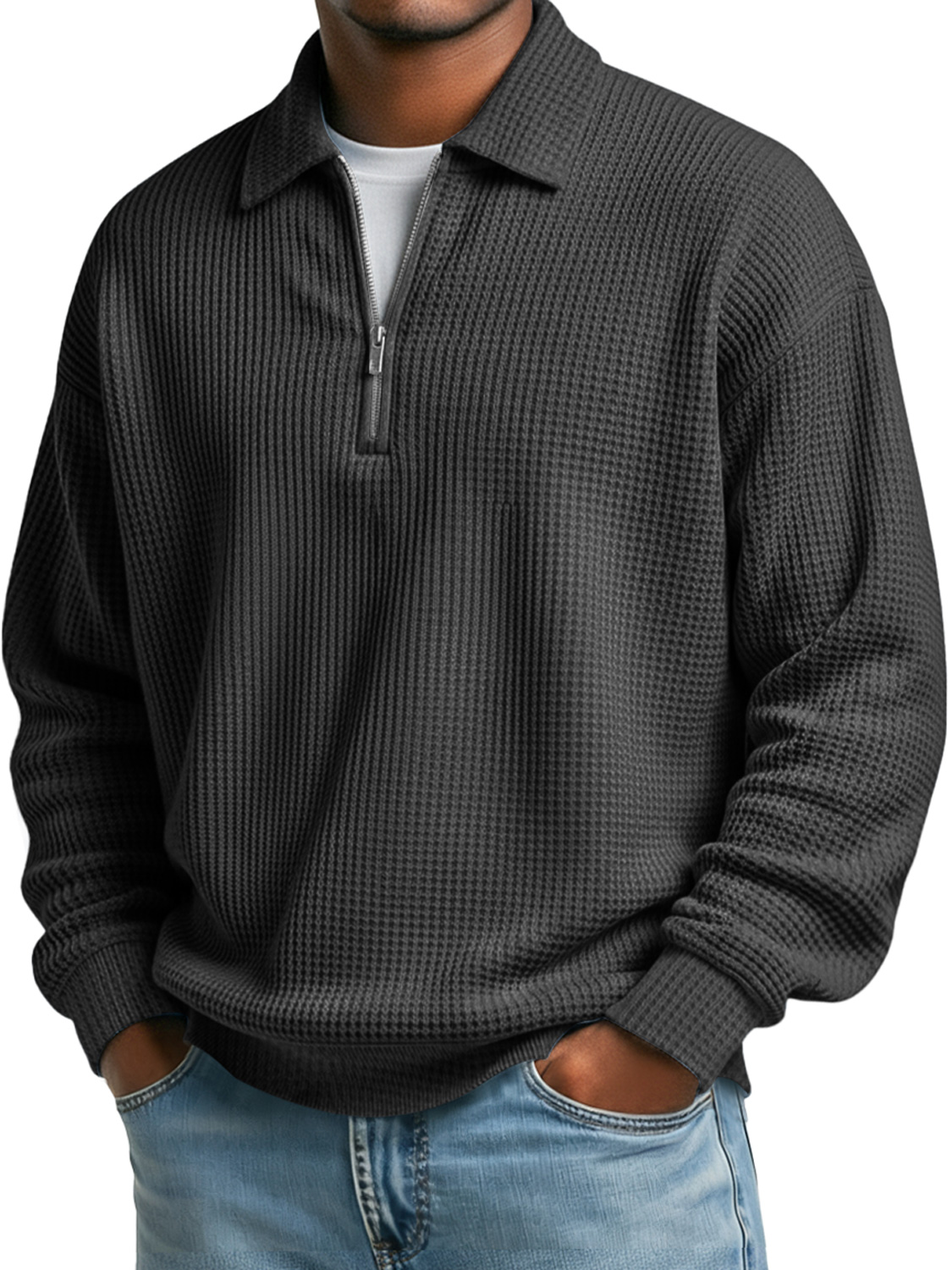 Einfaches Waffelkragen Reißverschluss Freizeit Poloshirt in einfarbig-deurabatt