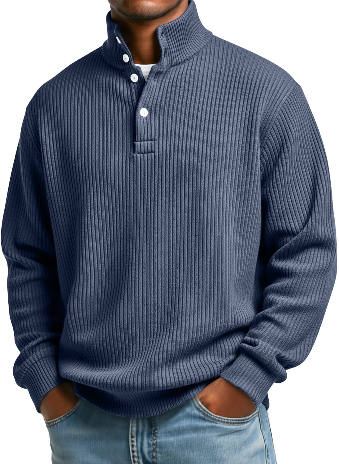 Herren Sweatshirt mit vertikalen Streifen, Stehkragen, Knopf, lässig und locker-deurabatt